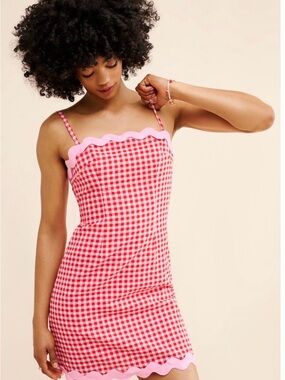 OLIVIA RUBIN Ariana Red & Pink Gingham Scallop Mini Dress